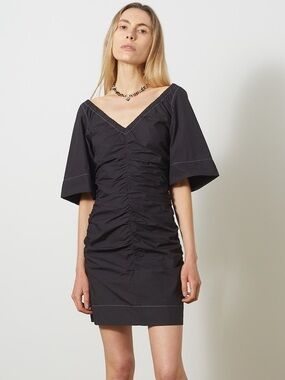 Ganni Ruched Black V-Neck Mini Dress